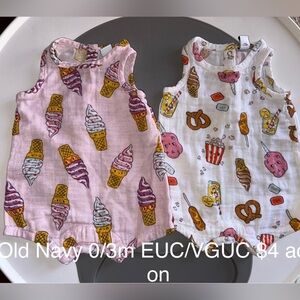 Old Navy Muslin Pink and White Ice Cream and Snack Print Rompers, popcorn